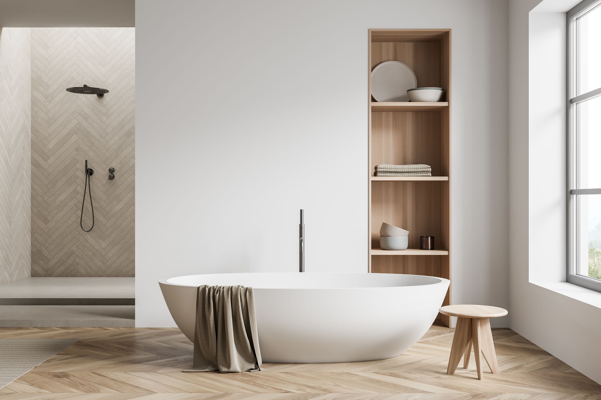Bagno minimalista con vasca freestanding bianca, mensole in legno e cabina doccia.