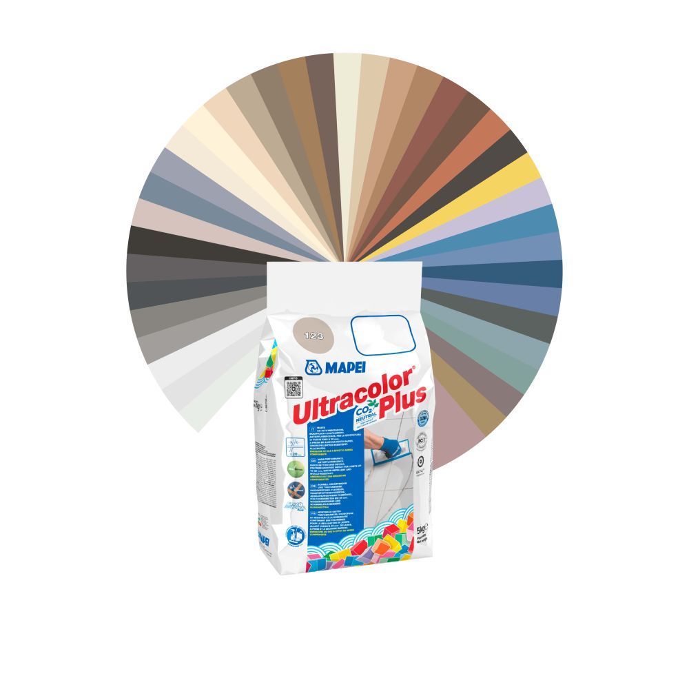 Campione di stucco Ultracolor Plus davanti a una tavolozza circolare di colori neutri e blu.