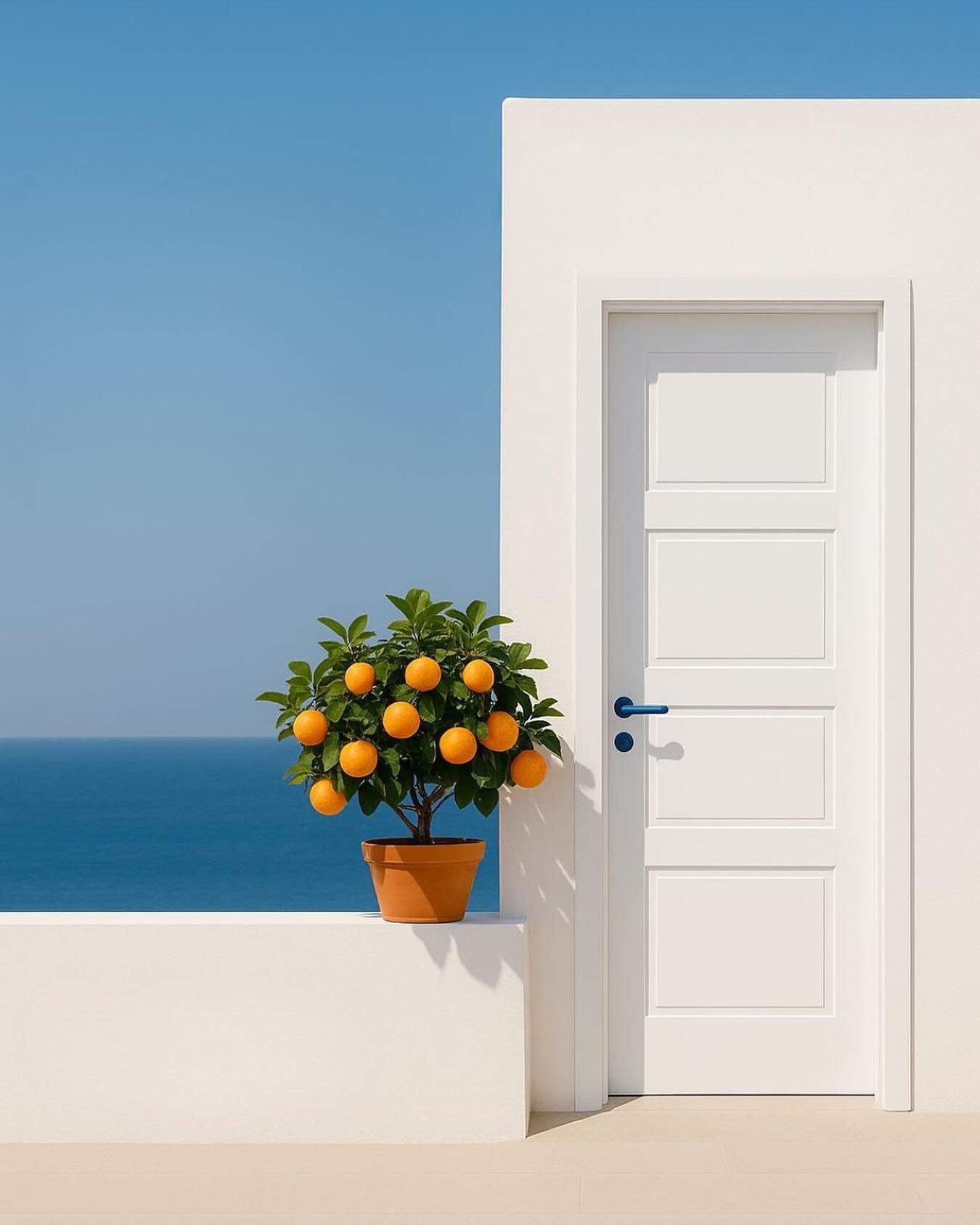 Una porta bianca accanto a un albero di aranci in vaso su una terrazza sul mare, con l'oceano e il cielo blu sullo sfondo.