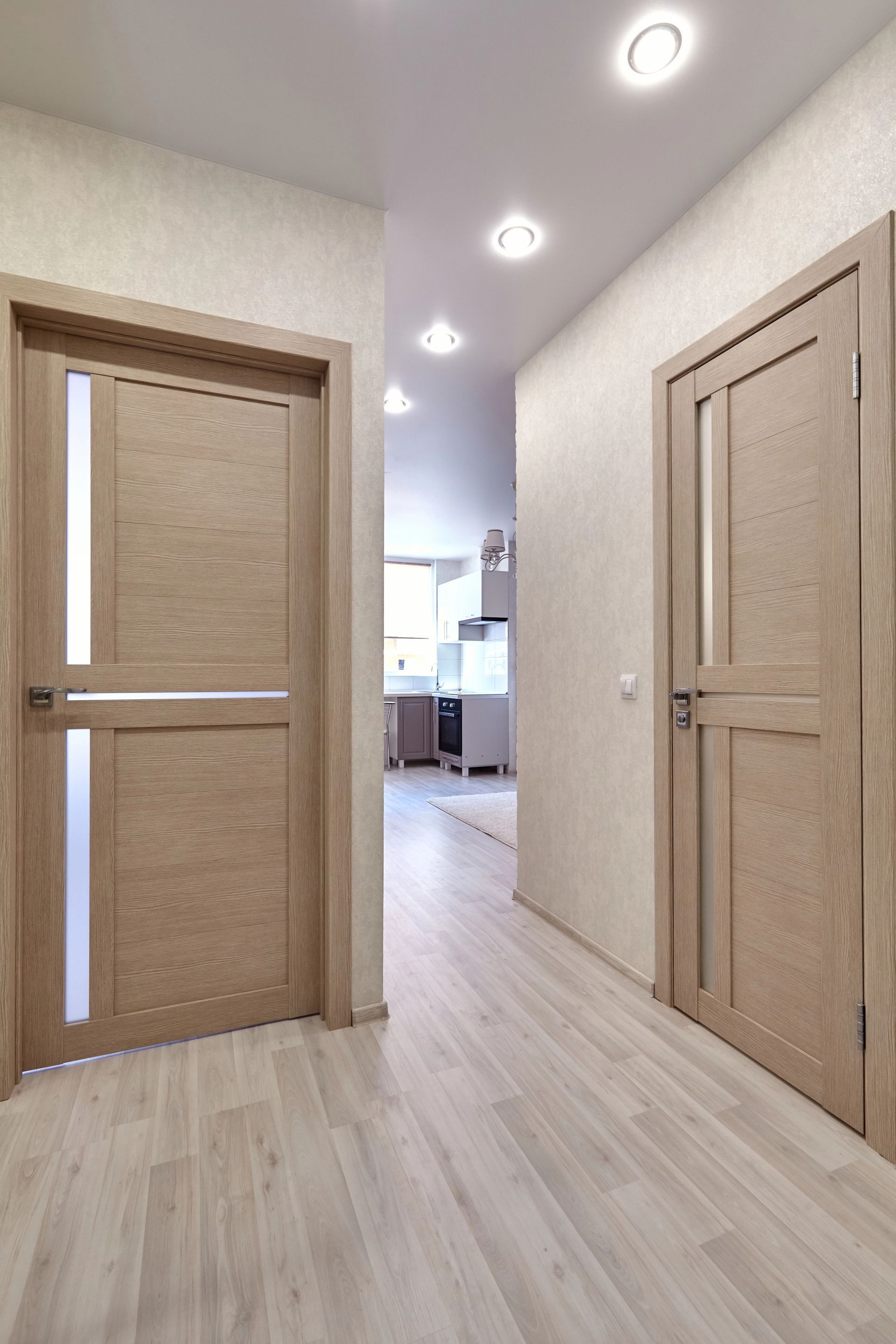Luminoso corridoio con due porte in legno, pavimento in legno chiaro e faretti a incasso a soffitto, che si apre sulla cucina.