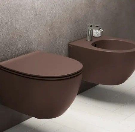 WC sospeso moderno di colore marrone e lavabo abbinato in un bagno minimalista.