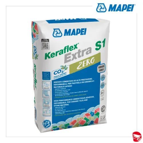 Sacchetto adesivo per piastrelle MAPEI Keraflex Extra S1 Zero, confezione bianca e blu con testo verde.