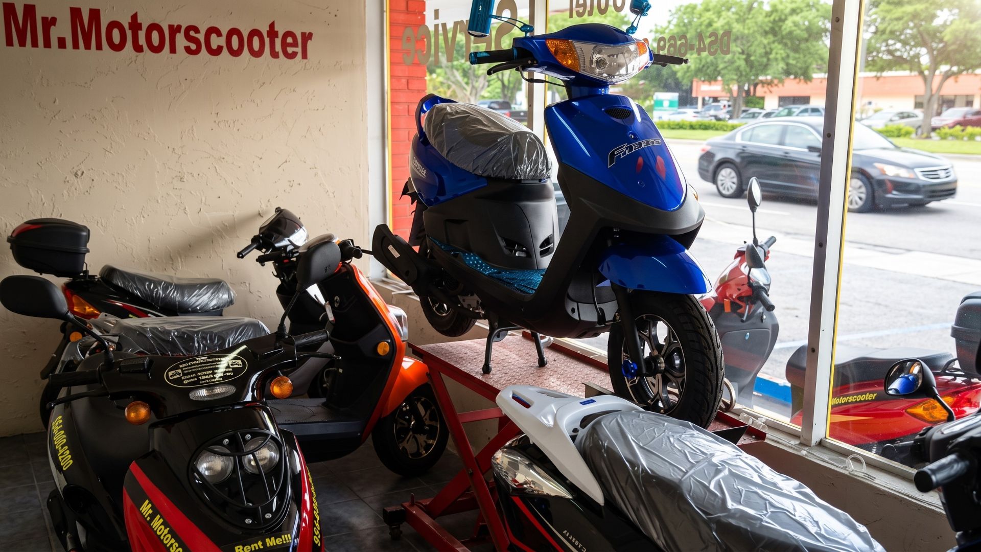 Motor scooters displayed inside a showroom, including a blue scooter and a black-and-orange scooter.