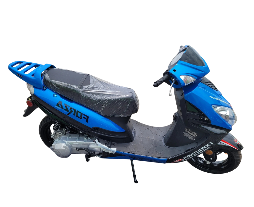Blue scooter with a black seat and silver accents, shown in side view on a white background