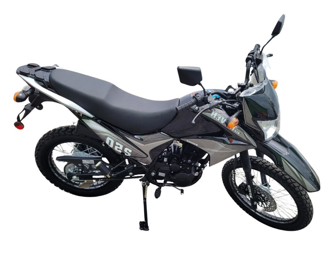 Black and gray off-road motorcycle on a white background