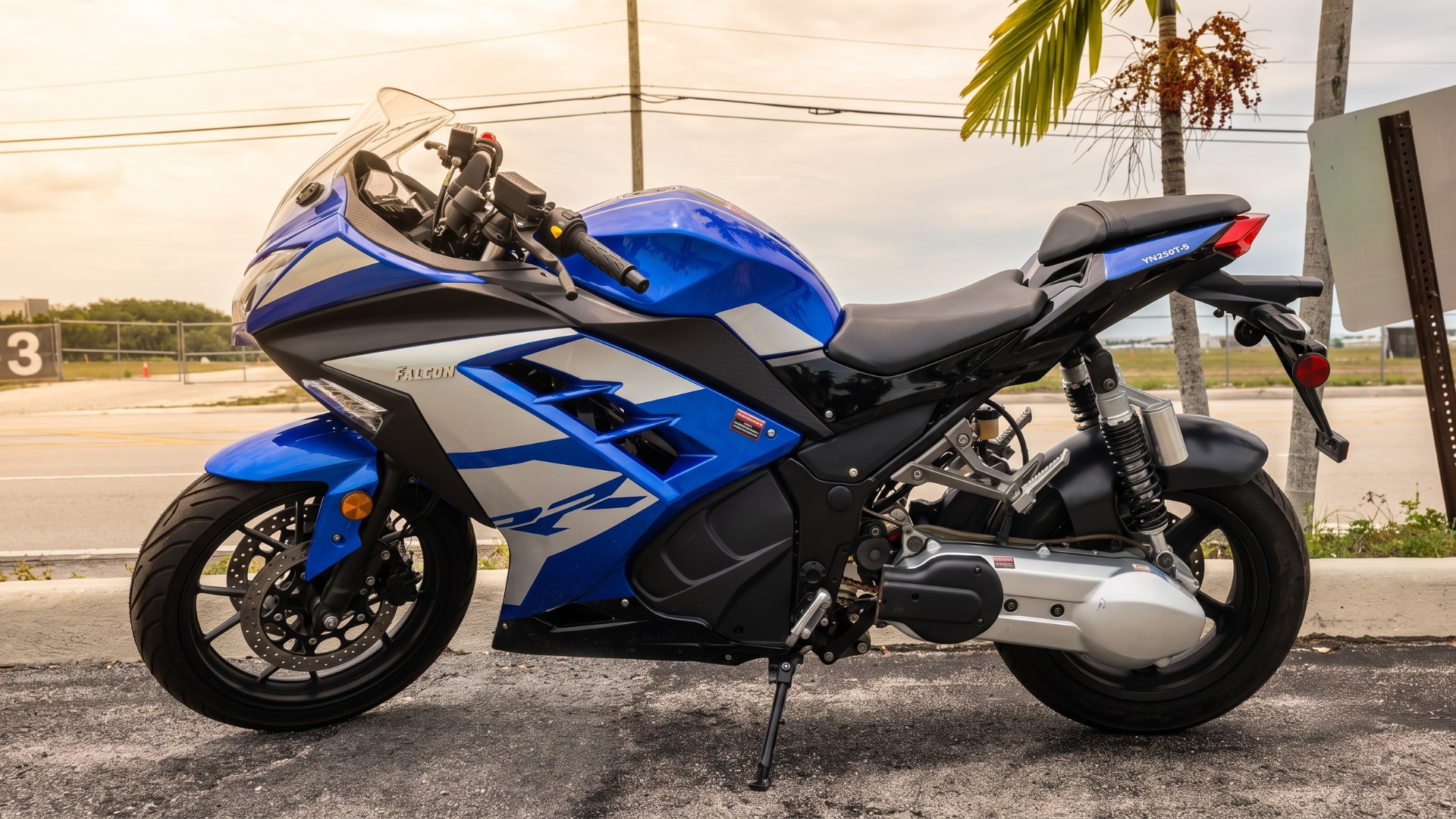 Blue sport motorcycle parked on pavement near palm trees at sunset