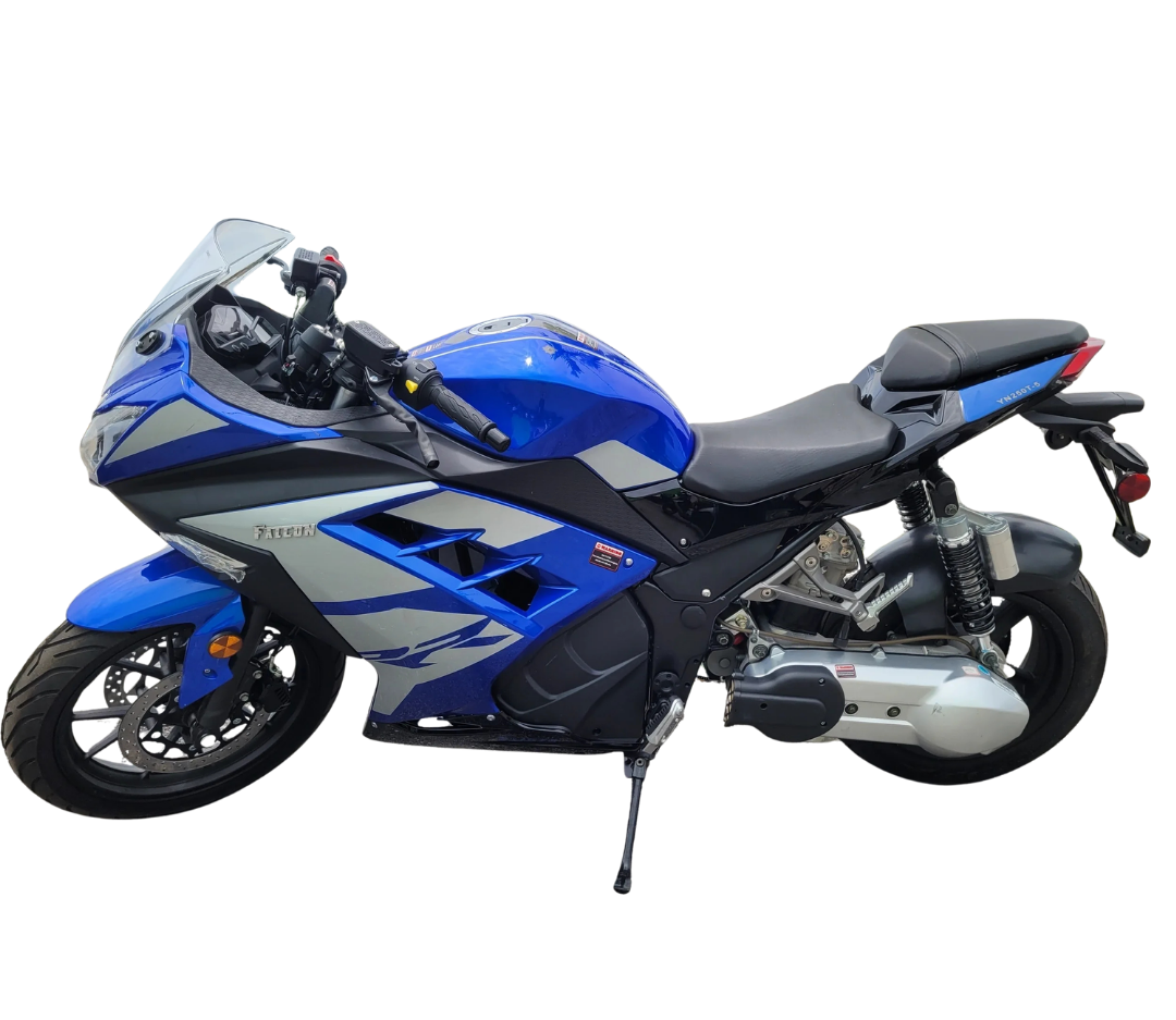 Blue sport motorcycle with black and silver accents, side view on a white background