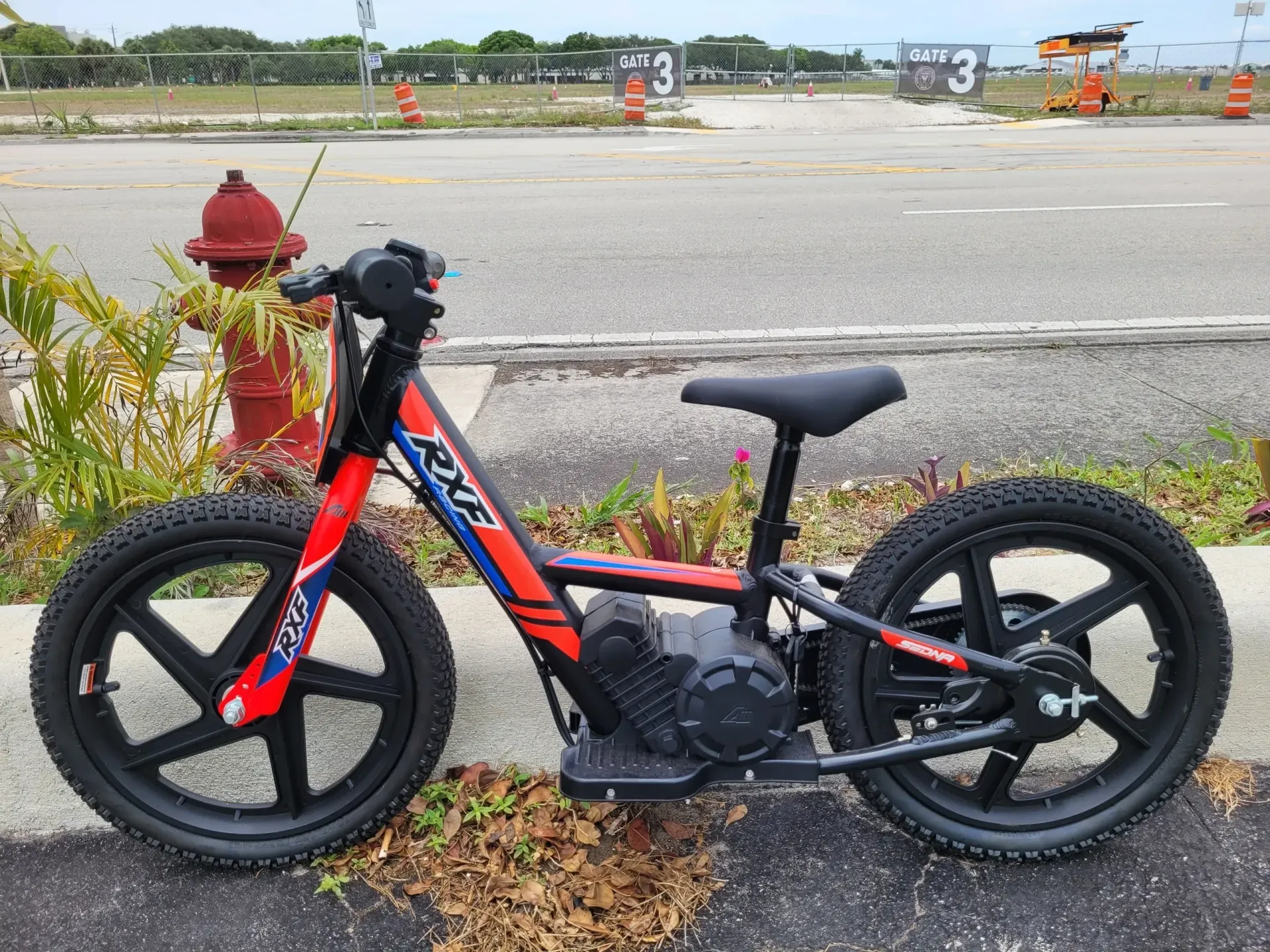 Red and black children’s bicycle parked on pavement beside a fire hydrant.
