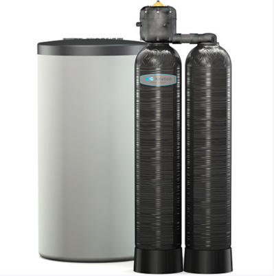 Water filtration system with blue filters and plumbing inside a cabinet.