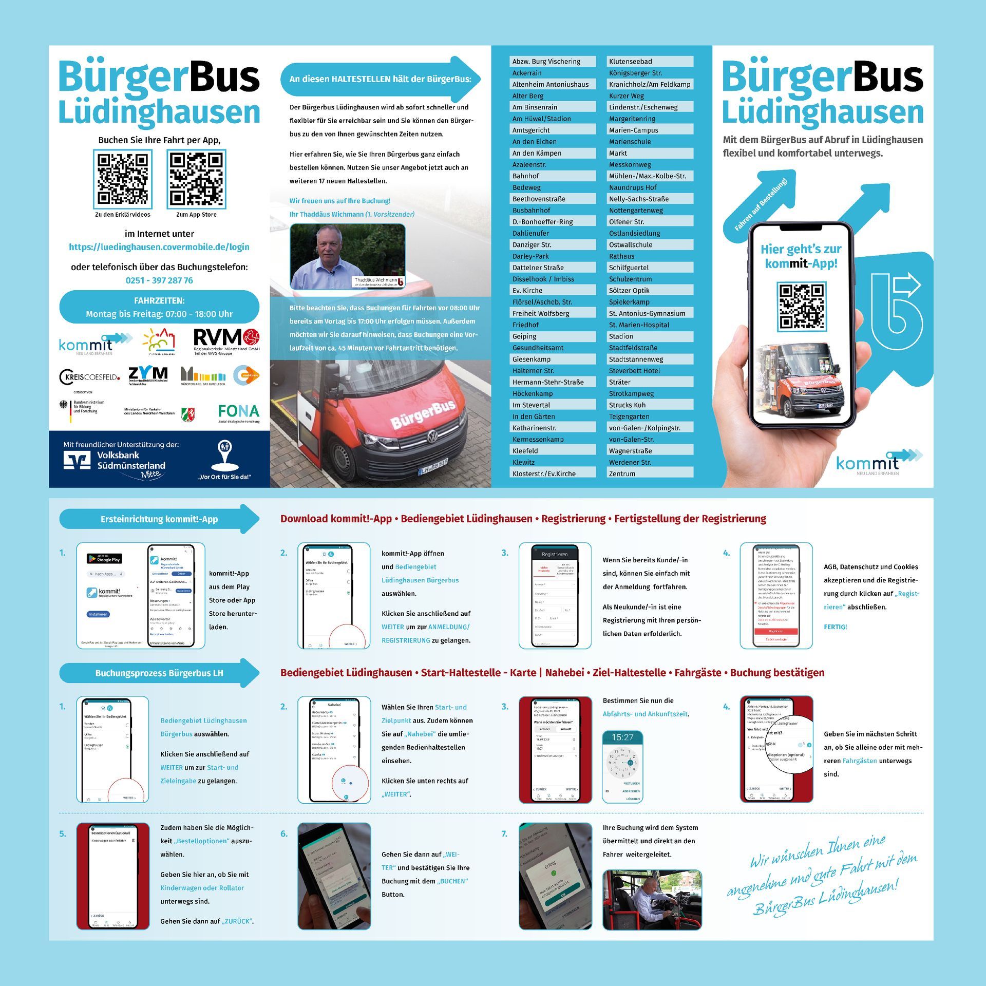 Eine Person hält ein Mobiltelefon vor einem Flyer für den Bürgerbus Lüdinghausen