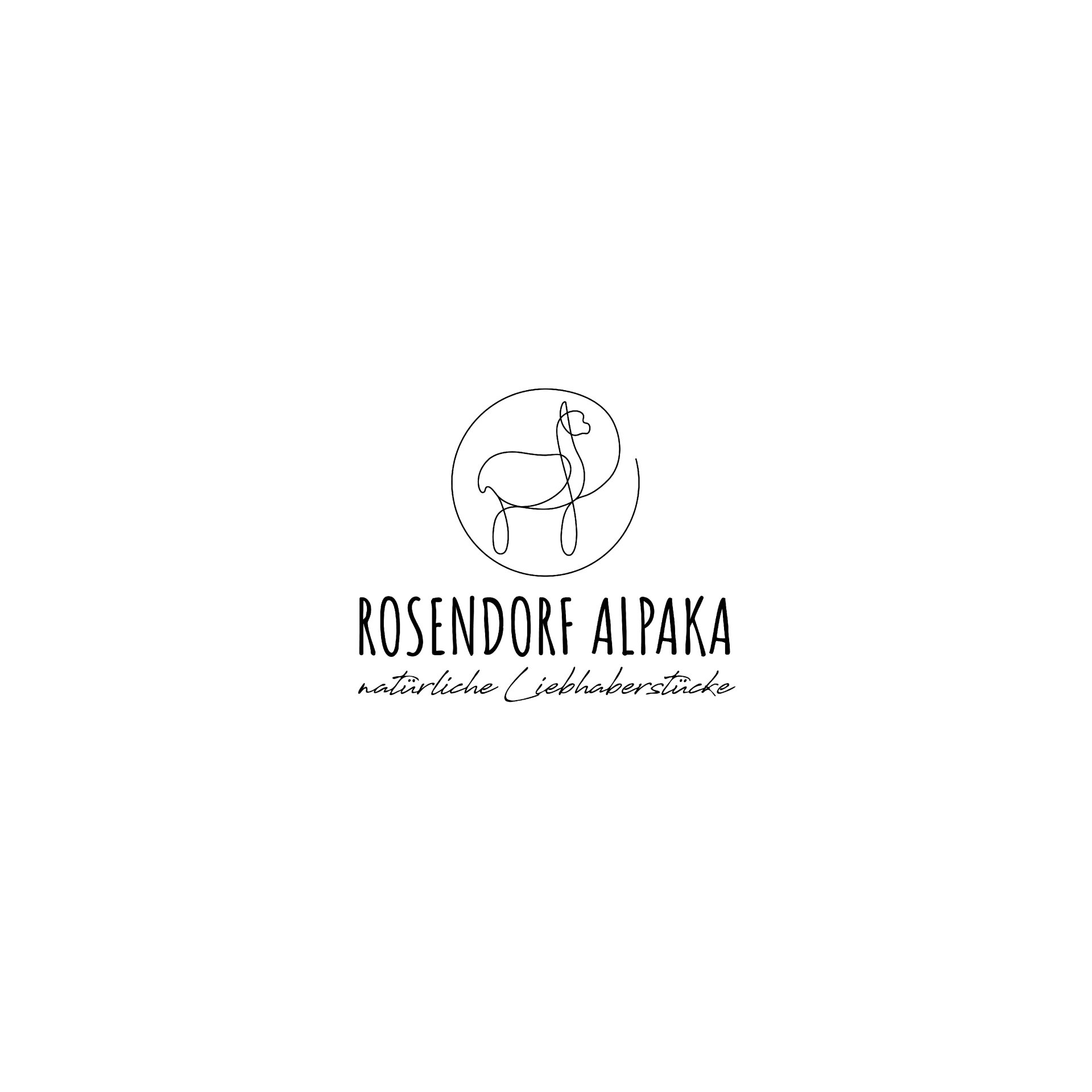 Ein Logo für eine Firma namens Rosendorf Alpaca mit dem Bild eines Alpakas in einem Kreis.