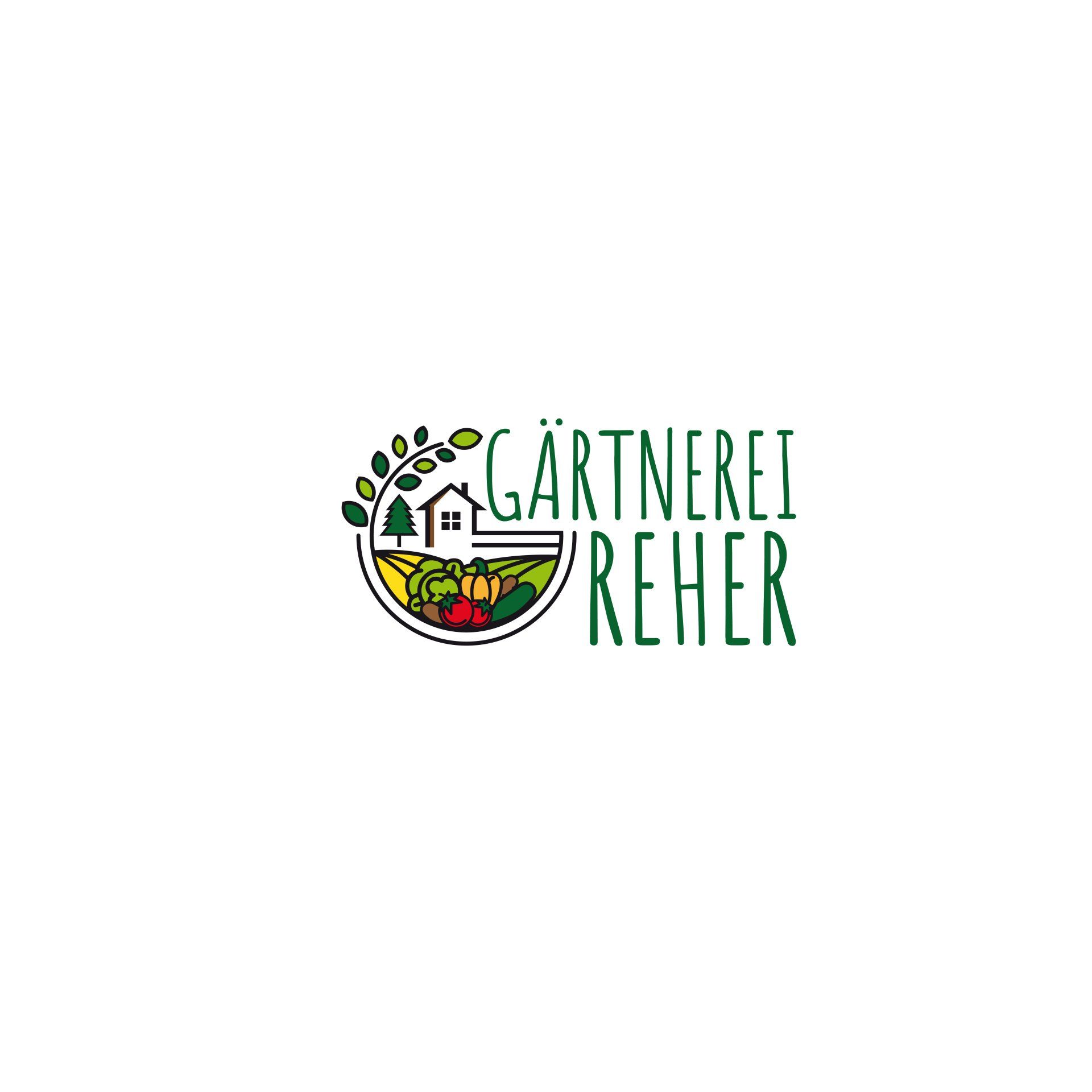 Ein Logo für einen Gärtner mit einem Haus und Gemüse in einer Schüssel.