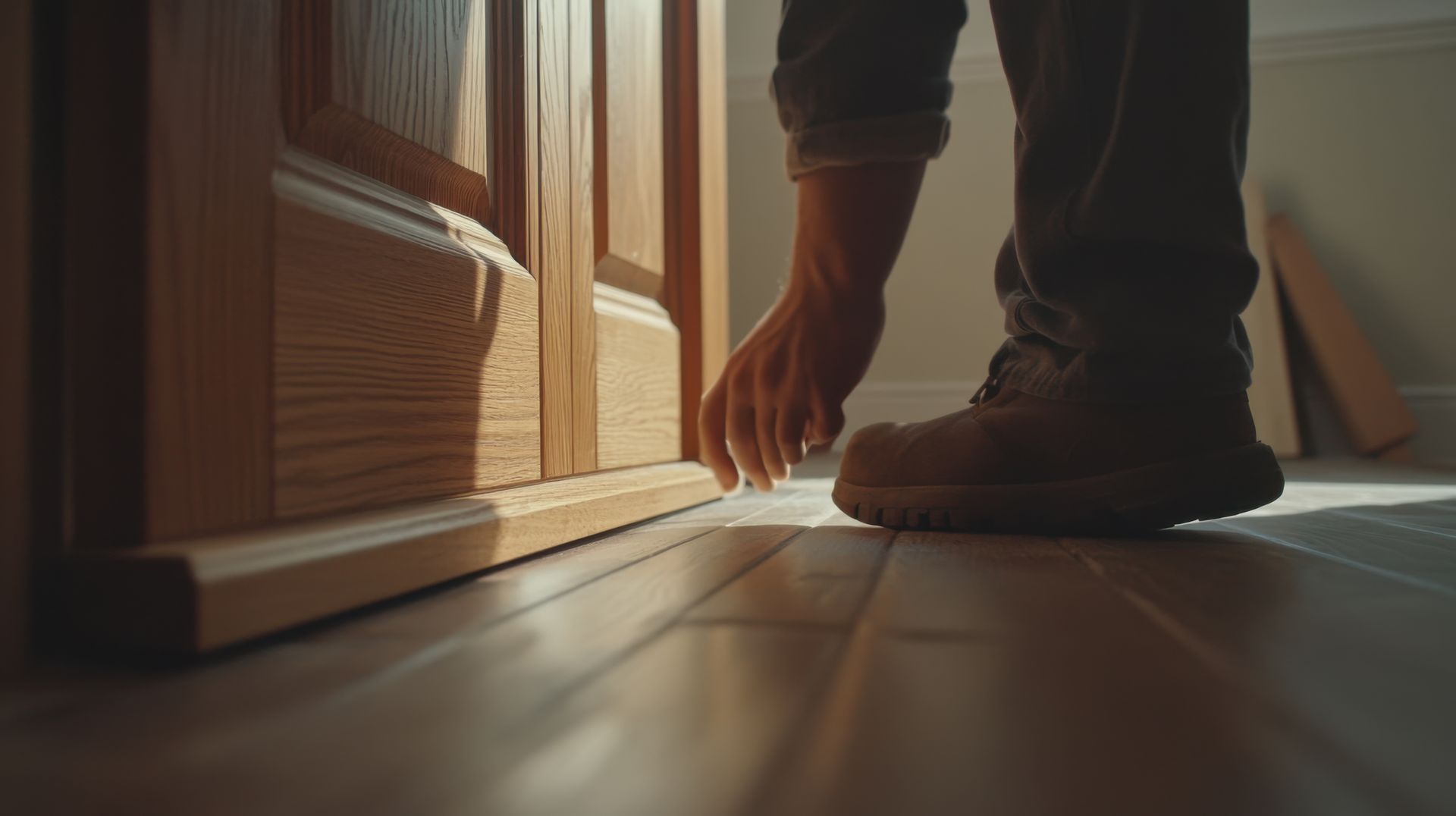 A person in work boots reaching toward the bottom of a wooden door, indoors.