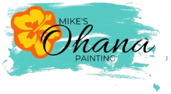 Logo for Mike's Ohana Painting: Hibiscus flower over teal brushstroke, black script, and orange and yellow accents.