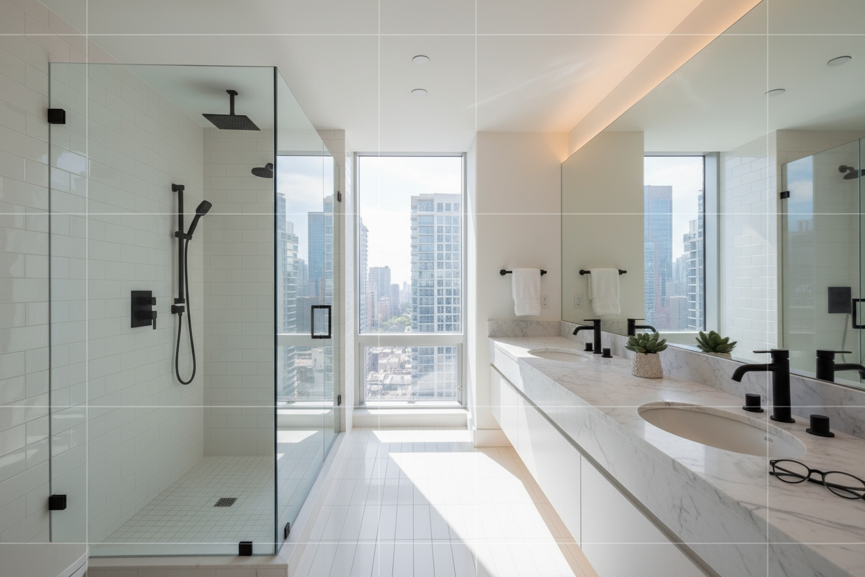 A bright, modern white bathroom with a glass-enclosed shower, dual marble vanity sinks, and a large window with city views.