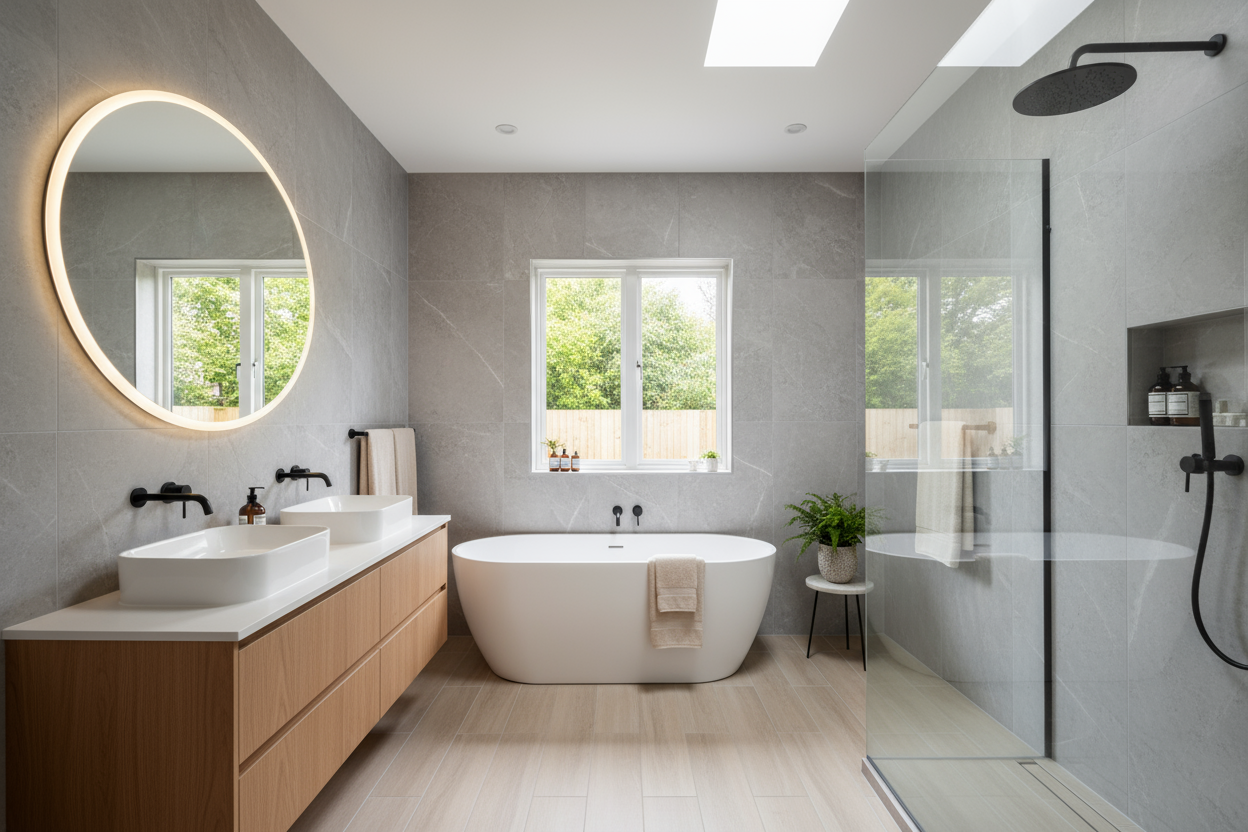 A modern bathroom with a double vanity, a freestanding white tub under a window, and a glass-enclosed shower.