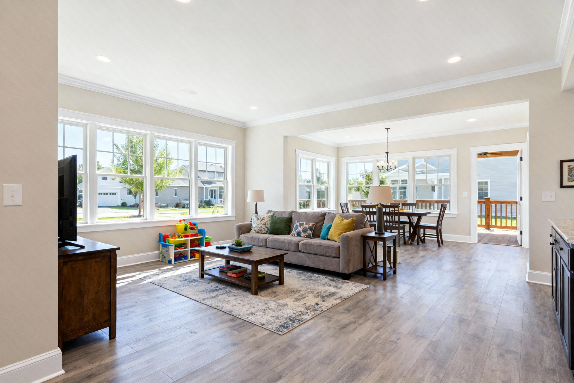Open-concept living room with gray flooring, a sectional sofa, coffee table, and a dining area visible in the background.
