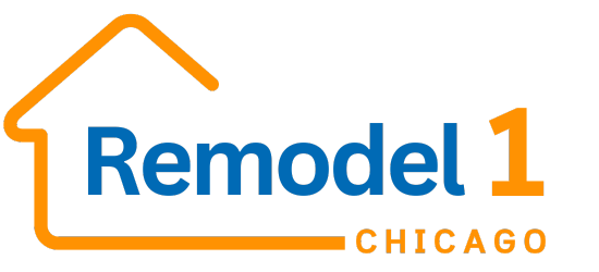 The Remodel 1 Chicago logo features a stylized orange house outline with blue text reading