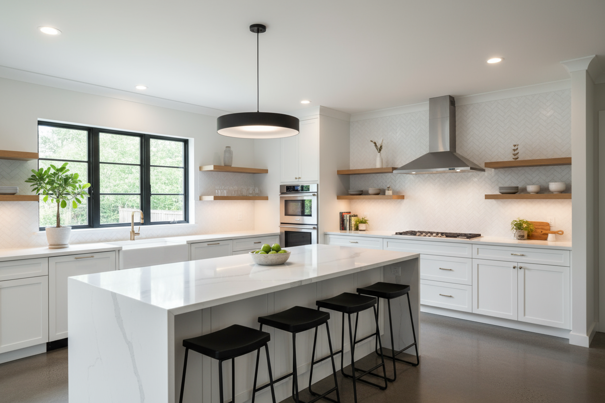 A bright kitchen with white cabinets, a large quartz-topped island with four black stools, and open wooden shelving.