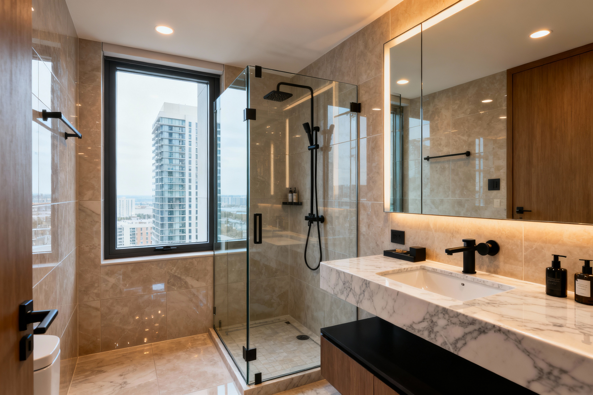 Modern bathroom with marble walls, a glass walk-in shower, a marble vanity, and a large window overlooking a city skyline.