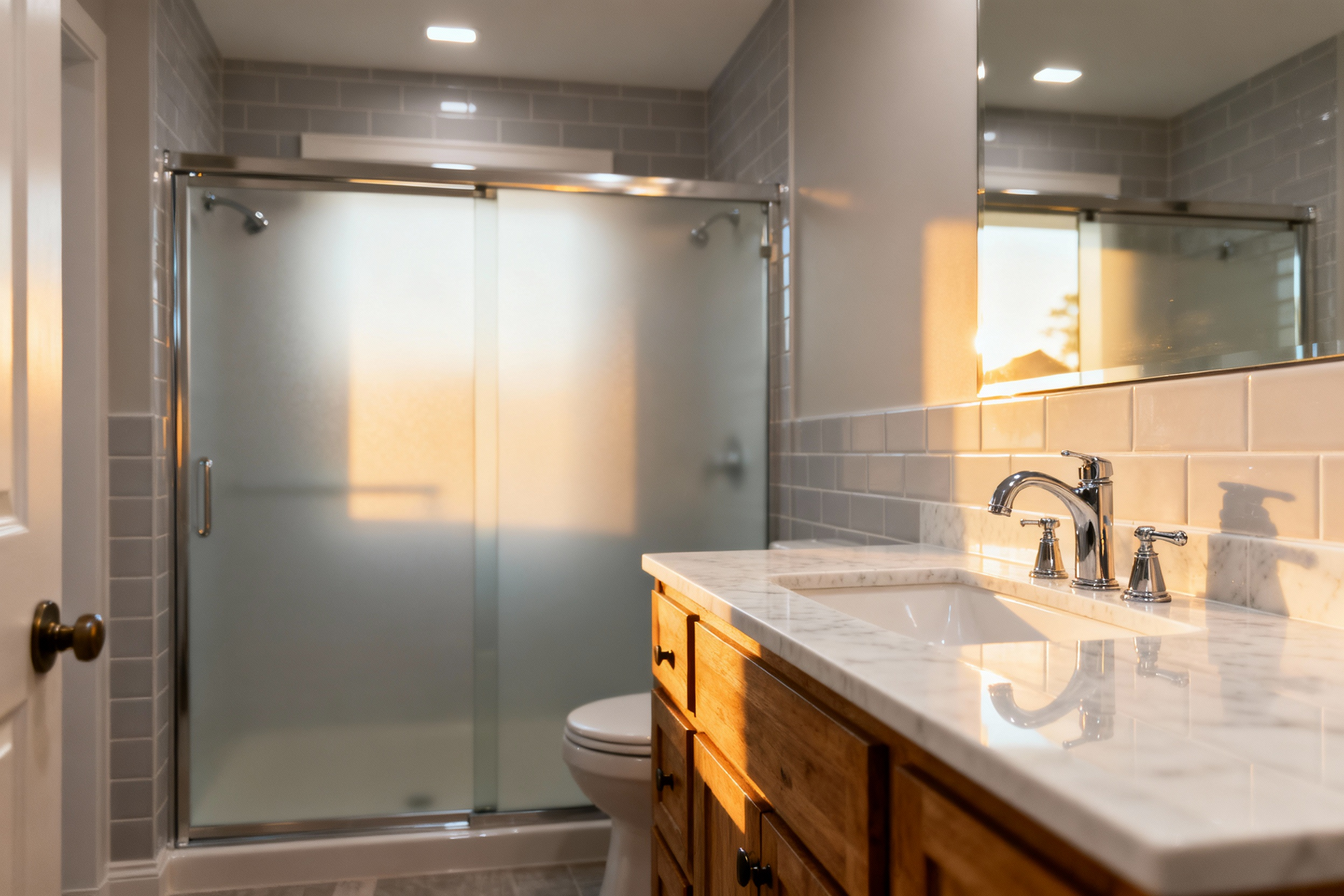 A bathroom with a wooden vanity, marble countertop, and a glass-enclosed shower with grey subway tile walls.
