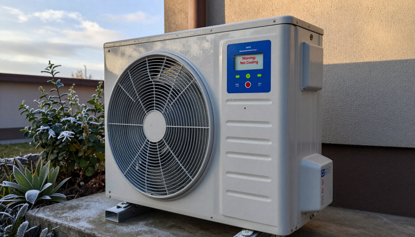 HVAC technician servicing an outdoor heat pump unit beside a home