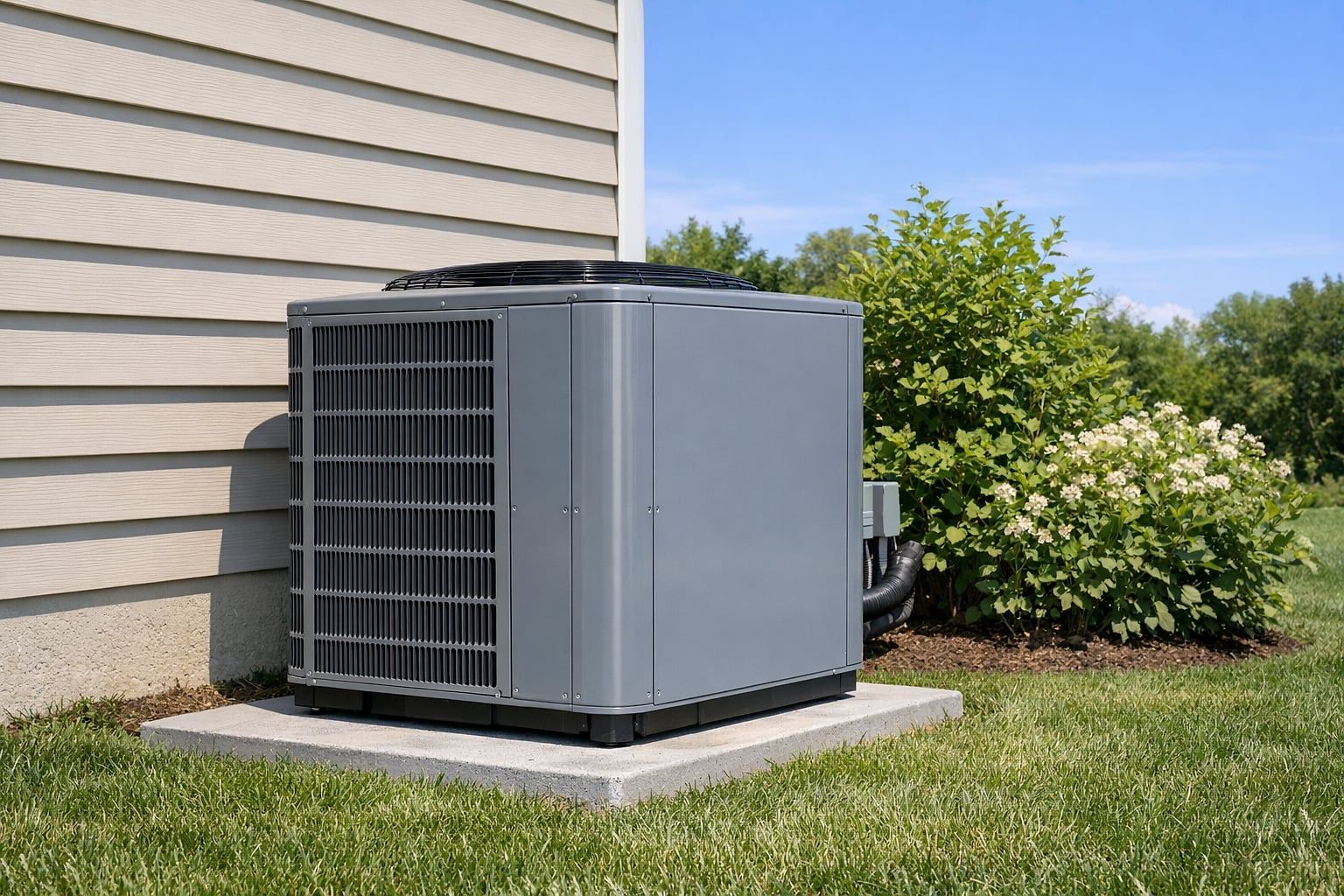 Outdoor heat pump unit beside a Virginia home on a sunny summer day