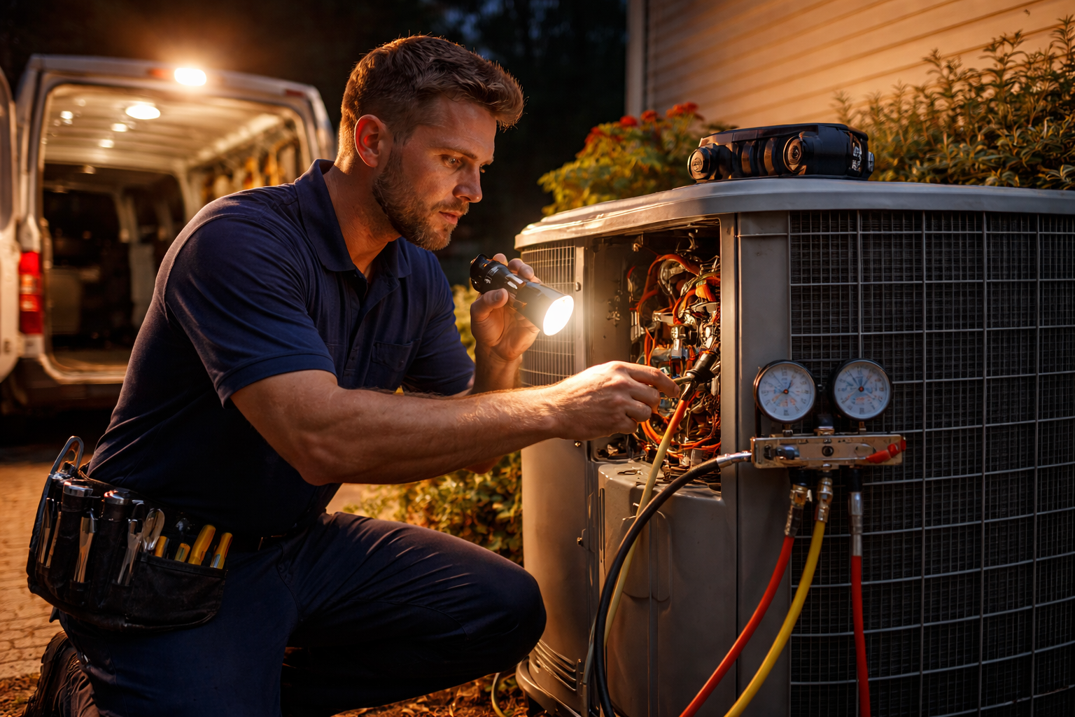 HVAC technician inspecting an air conditioning unit at night with a flashlight. Tools, gauges, and a van are in view.