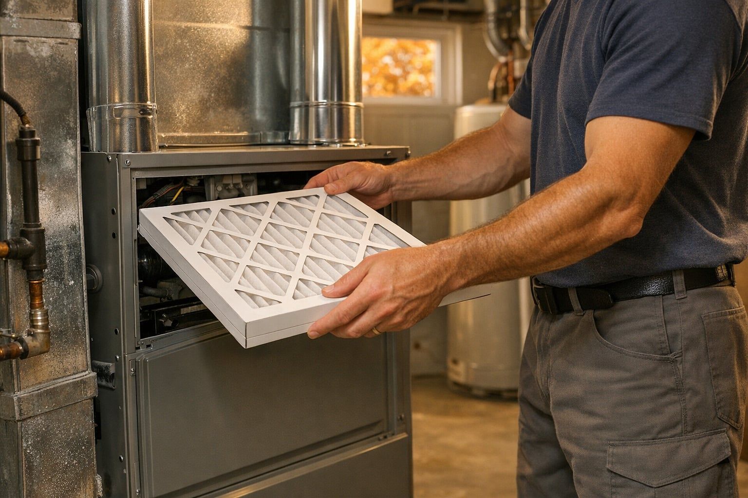 Technician changing a pleated furnace filter in a basement with autumn light