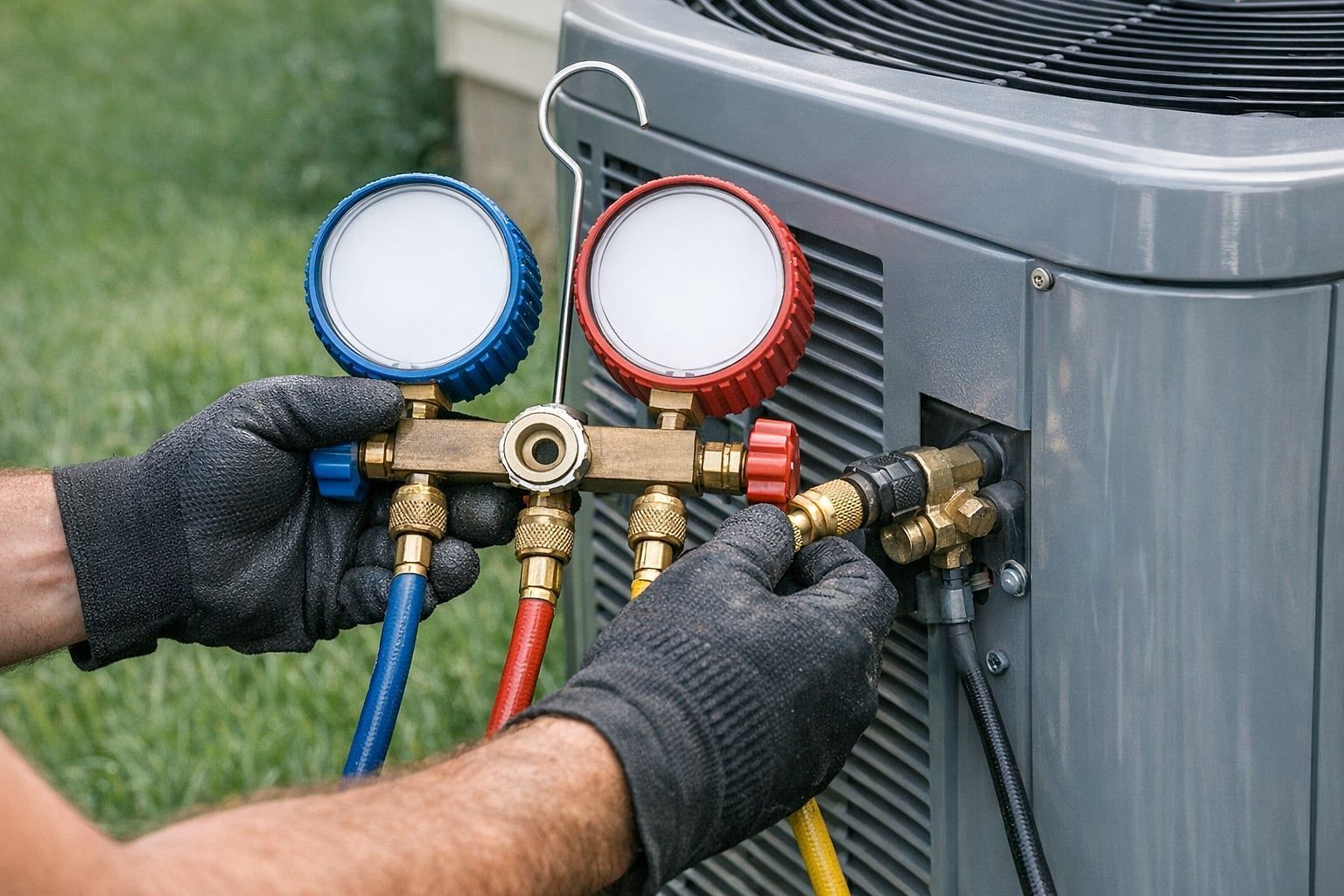 Technician's gloved hands connecting gauges to an outdoor AC unit