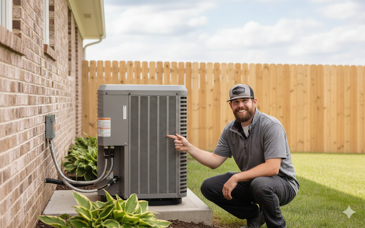 Technician kneels beside outdoor HVAC unit next to a brick house and wooden fence.
