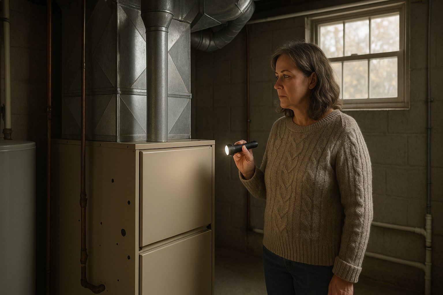 Homeowner with a flashlight checking a gas furnace in a basement utility room