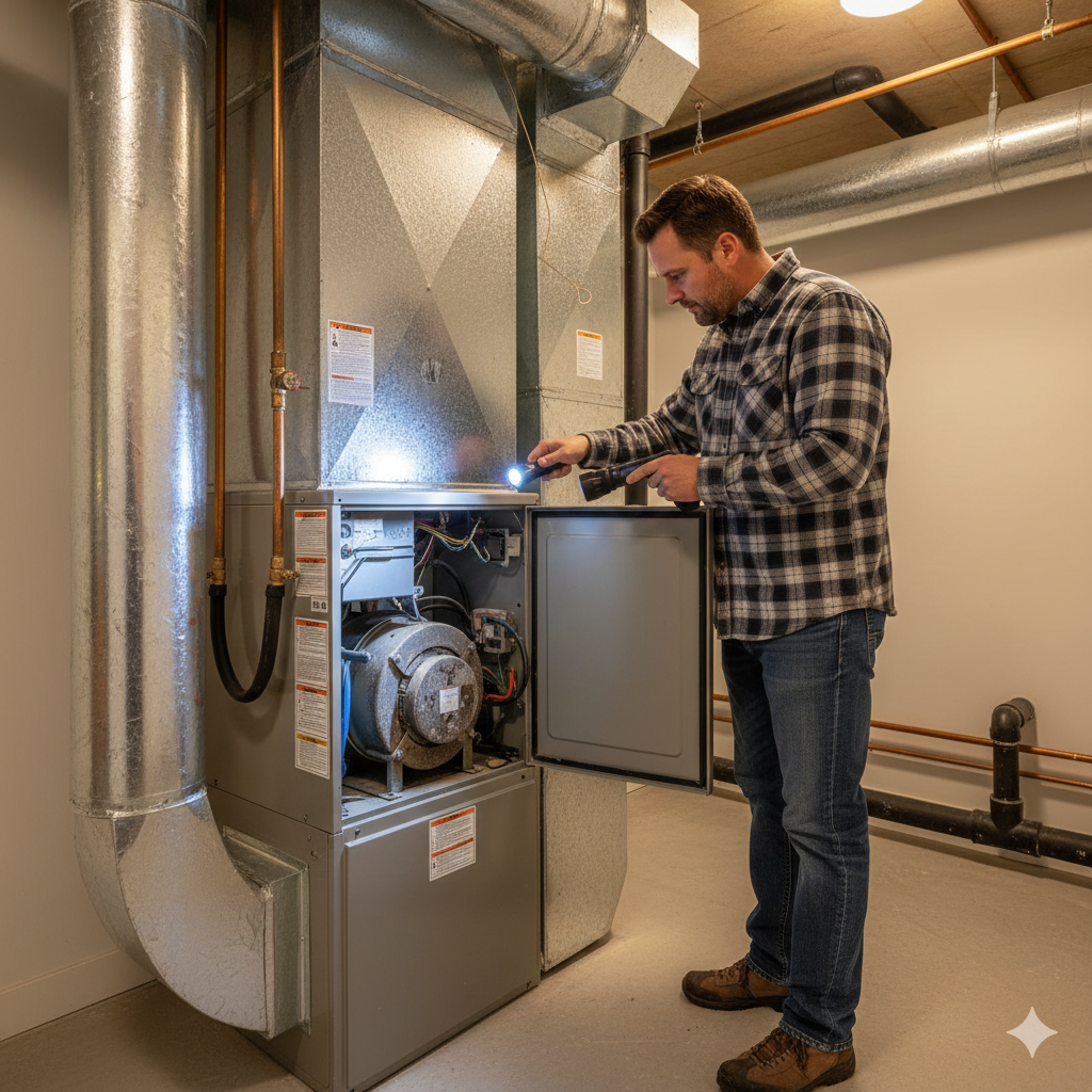 Man inspecting a furnace, using a flashlight. He's in a basement, checking the unit with a panel open.