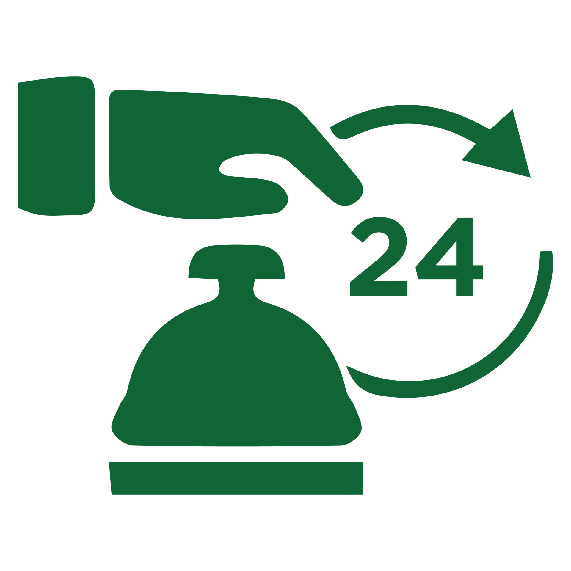 A green icon of a hand holding a bell with the number 24 on it.