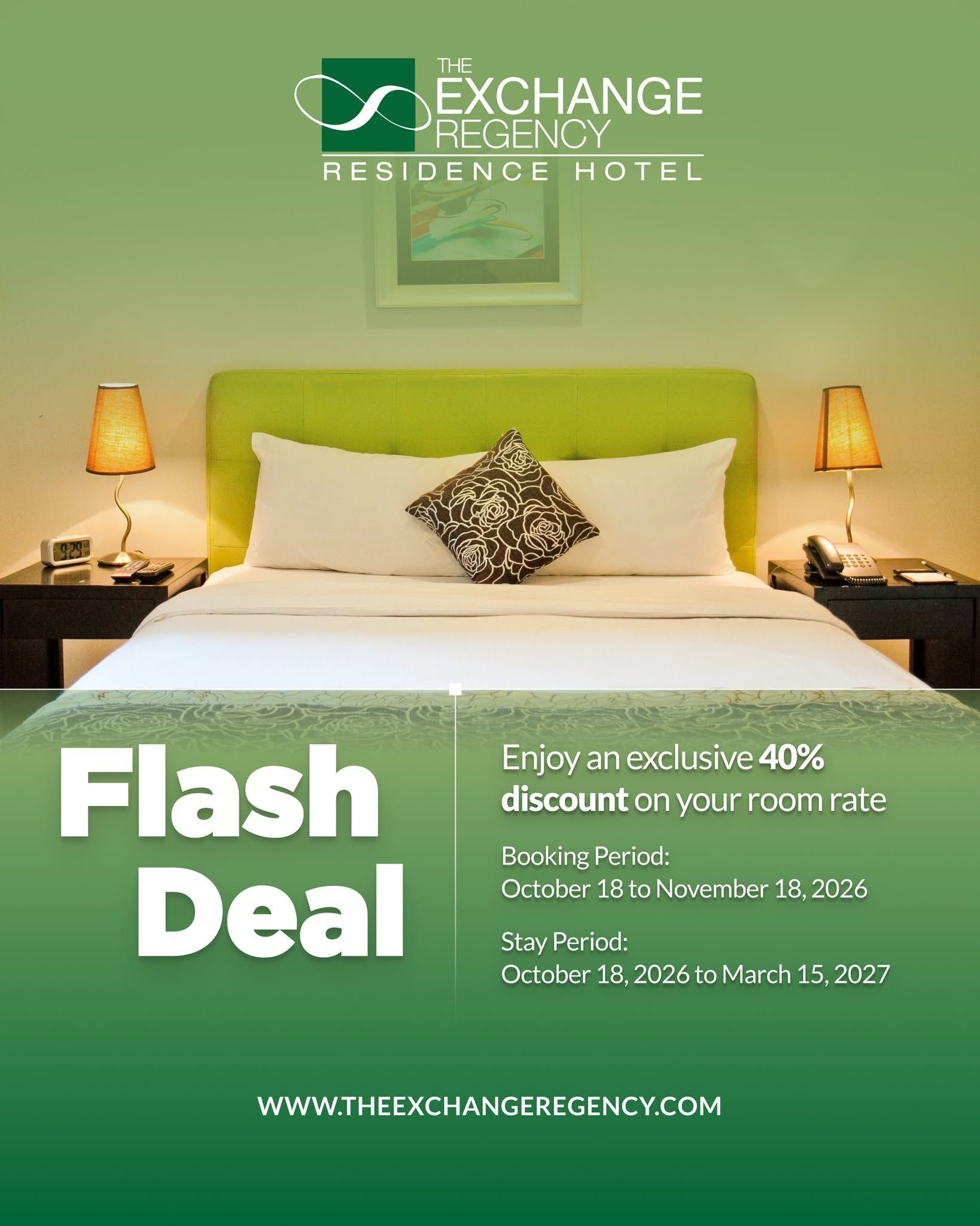 Hotel room flash deal ad with bed, lamps, and green branding background