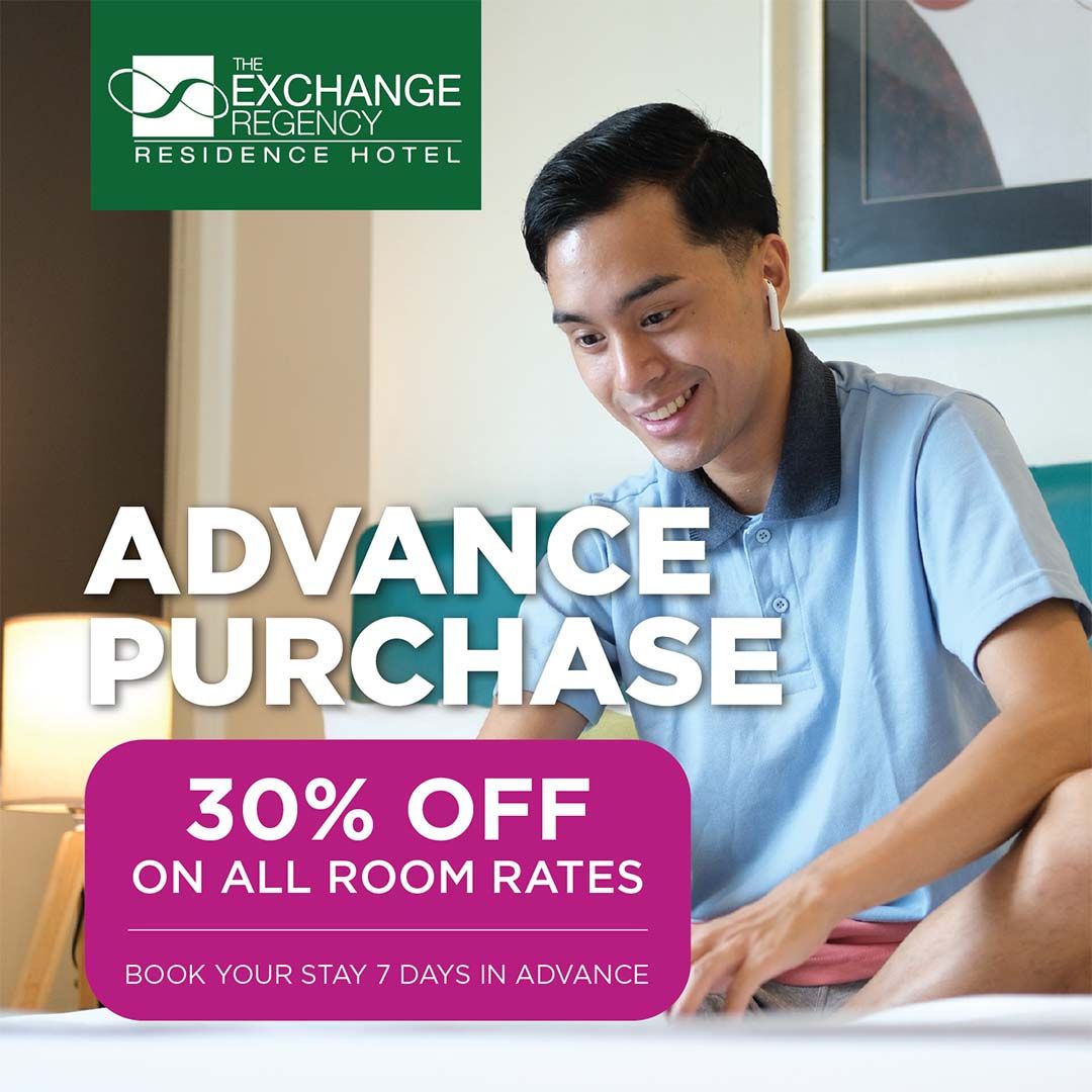 Hotel promo banner: smiling guest in a room, with text “Advance Purchase” and “30% off on all room rates.”