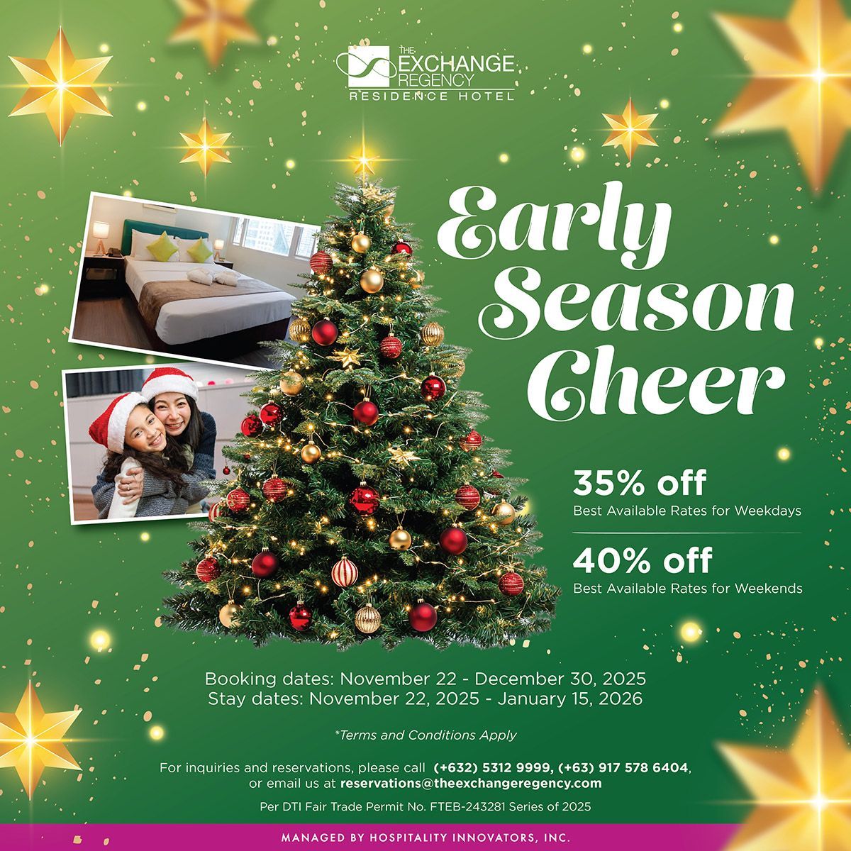 Christmas hotel promotion: 35-40% off, festive tree, room and family photos, green background, gold stars.