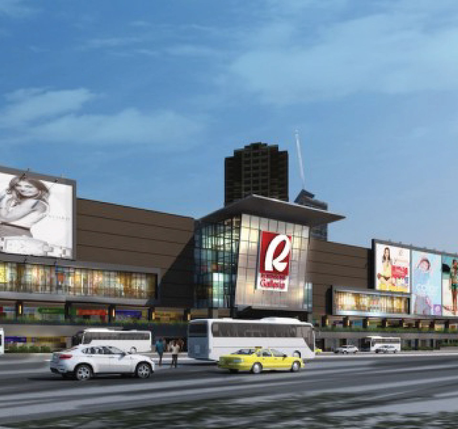 A modern shopping mall with billboards, cars, and a bus on a sunny day.