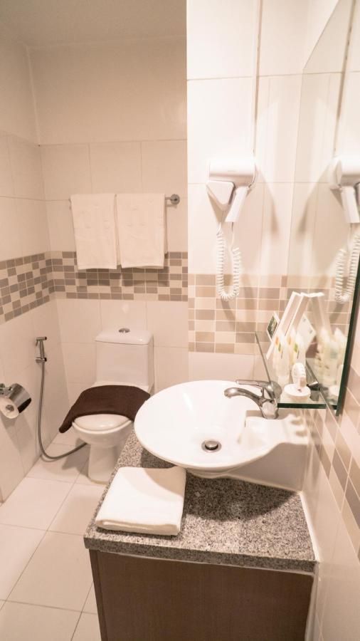 A bathroom with a sink , toilet and mirror.