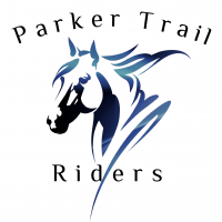 Parker Trail Riders logo: Horse head silhouette in blue and black with text above and below.