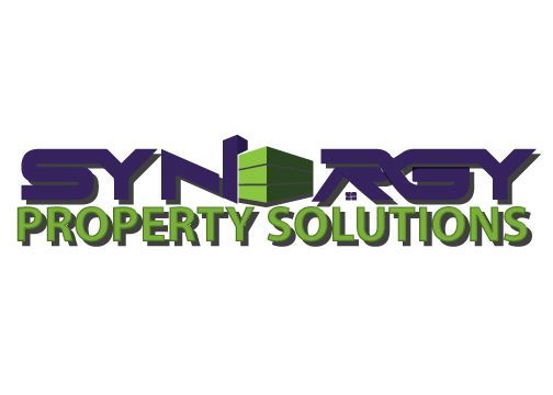Synergy Property Solutions logo: purple and green text with a building graphic in the center.