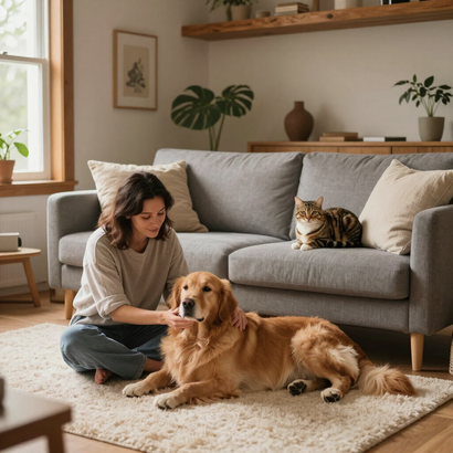 Woman sits on rug petting golden dog in a cozy living room with a cat on the gray sofa.