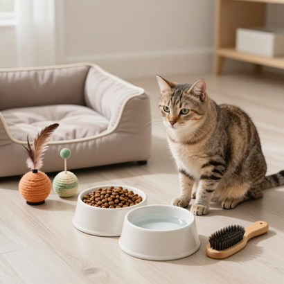 Tabby cat beside food and water bowls, toy feather ball, and brush on a light wood floor