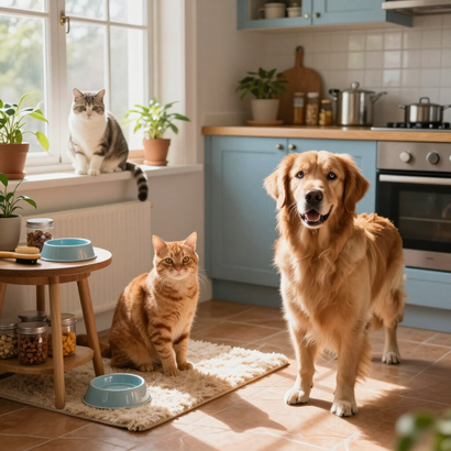 Golden retriever, orange cat, and white cat in a sunny kitchen near pet bowls.