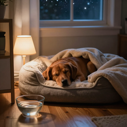 Brown dog sleeping on a blanket by a lamp, with a water bowl on the floor by a window at night