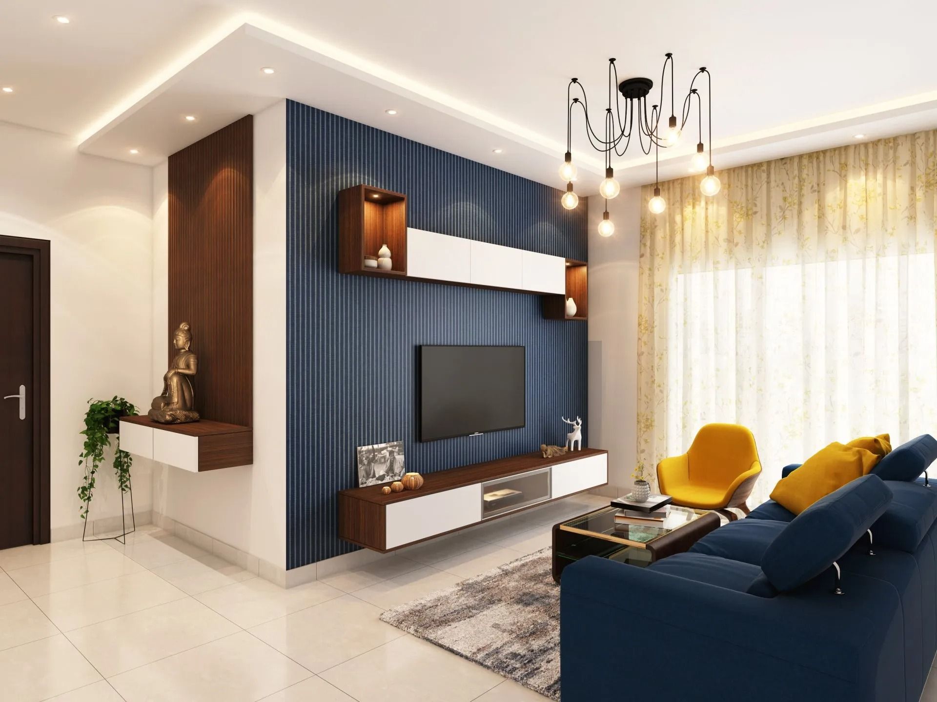 Modern living room with navy accent wall, TV, yellow chairs, white curtains, and warm lighting