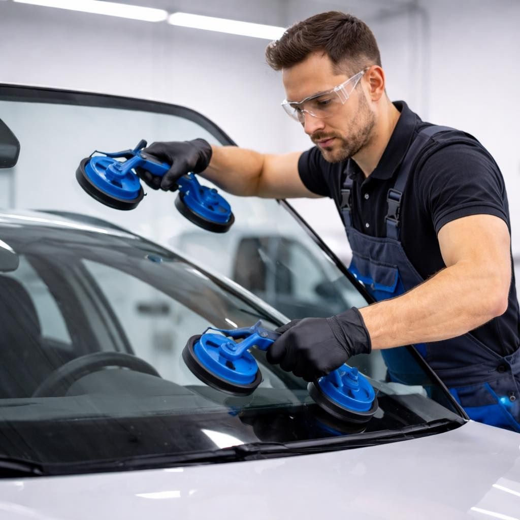 Ein Techniker poliert in einer Autowerkstatt mit blauen Saugnapfwerkzeugen die Windschutzscheibe eines weißen Autos.