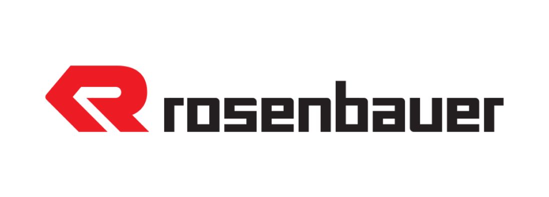 Logo Rosenbauer rouge et noir : hexagone rouge avec « R », texte « rosenbauer ».