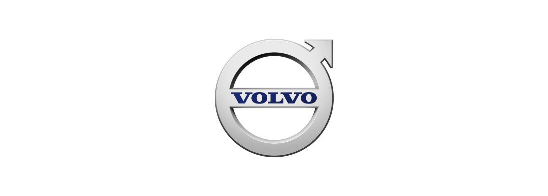 Logo Volvo, cercle argenté avec flèche, texte bleu 
