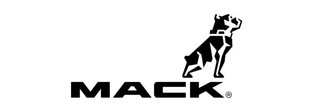 Logo du camion Mack : un bouledogue noir se dresse au-dessus du nom de l'entreprise « MACK » sur un fond blanc.